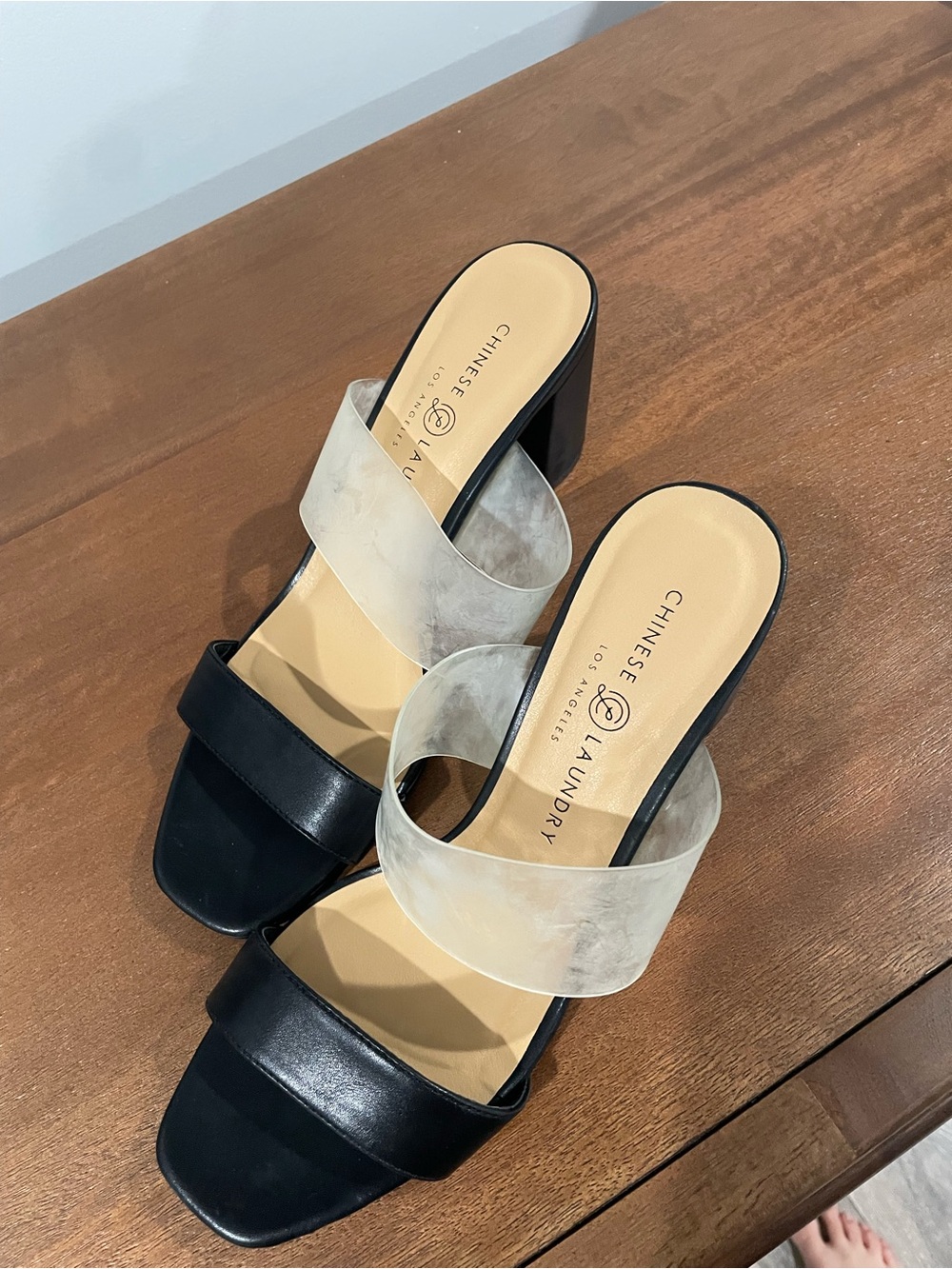 Chinese Laundry Black & Translucent Block Heel Mules